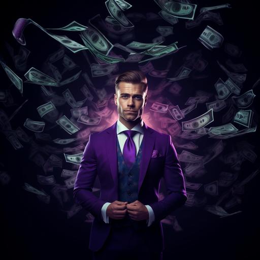 handsome businessman with money, purple suit, 8k
