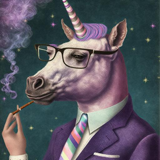 handsome dapper unicorn wearing dad glasses and smoking a cigarette + white glitter sparkle iridescent rainbow color stars + purple and pink galaxy mist coming from the cigarette + retro 60s advertisement that says “smoking is so cool” + unicorn has masculine chiseled features + whiskey and mid century aesthetic --v 4 --q 2