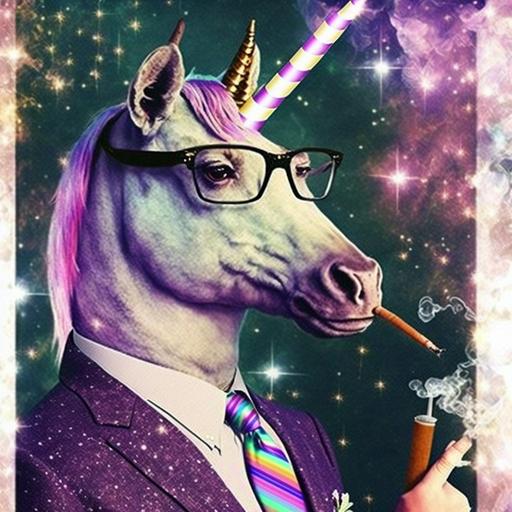 handsome dapper unicorn wearing dad glasses and smoking a cigarette + white glitter sparkle iridescent rainbow color stars + purple and pink galaxy mist coming from the cigarette + retro 60s advertisement that says “smoking is so cool” + unicorn has masculine chiseled features + whiskey and mid century aesthetic --v 4 --q 2