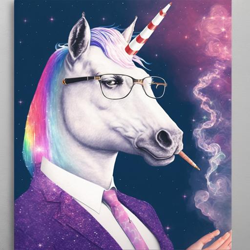 handsome dapper unicorn wearing dad glasses and smoking a cigarette + white glitter sparkle iridescent rainbow color stars + purple and pink galaxy mist coming from the cigarette + retro 60s advertisement that says “smoking is so cool” + unicorn has masculine chiseled features + whiskey and mid century aesthetic --v 4 --q 2