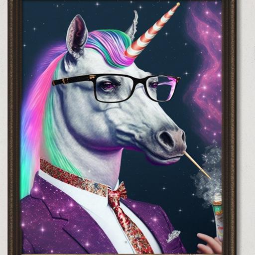 handsome dapper unicorn wearing dad glasses and smoking a cigarette + white glitter sparkle iridescent rainbow color stars + purple and pink galaxy mist coming from the cigarette + retro 60s advertisement that says “smoking is so cool” + unicorn has masculine chiseled features + whiskey and mid century aesthetic --v 4 --q 2