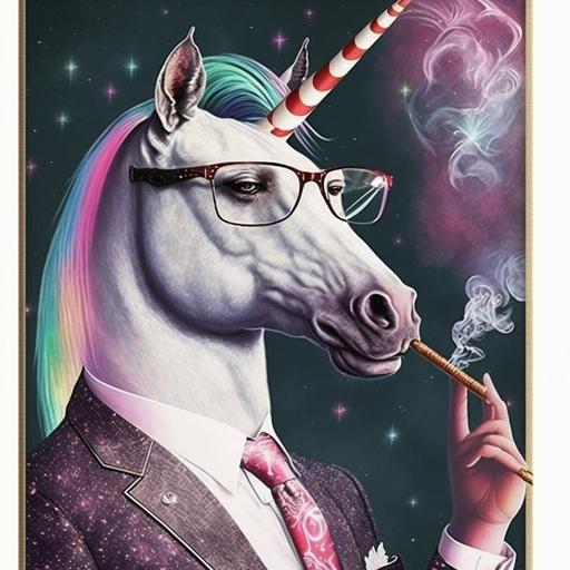 handsome dapper unicorn wearing dad glasses and smoking a cigarette + white glitter sparkle iridescent rainbow color stars + purple and pink galaxy mist coming from the cigarette + retro 60s advertisement that says “smoking is so cool” + unicorn has masculine chiseled features + whiskey and mid century aesthetic --v 4 --q 2