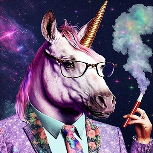 handsome dapper unicorn wearing dad glasses and smoking a cigarette + white glitter sparkle iridescent rainbow color stars + purple and pink galaxy mist coming from the cigarette + retro 60s advertisement that says “smoking is so cool” + unicorn has masculine chiseled features + whiskey and mid century aesthetic --v 4 --q 2