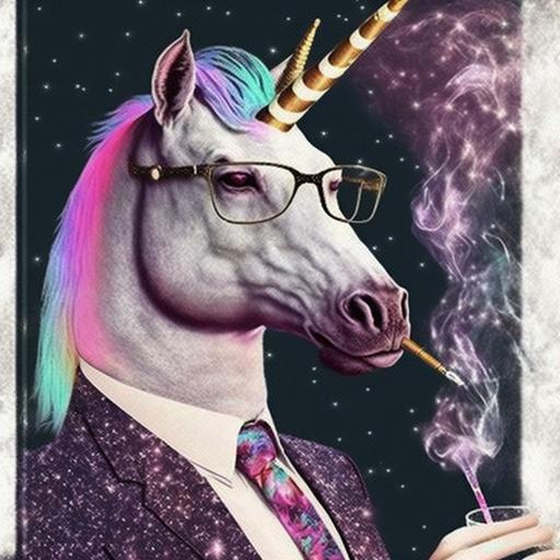 handsome dapper unicorn wearing dad glasses and smoking a cigarette + white glitter sparkle iridescent rainbow color stars + purple and pink galaxy mist coming from the cigarette + retro 60s advertisement that says “smoking is so cool” + unicorn has masculine chiseled features + whiskey and mid century aesthetic --v 4 --q 2