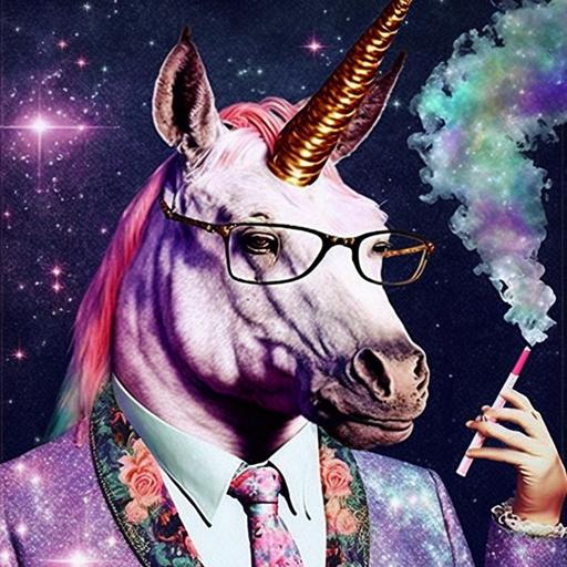 handsome dapper unicorn wearing dad glasses and smoking a cigarette + white glitter sparkle iridescent rainbow color stars + purple and pink galaxy mist coming from the cigarette + retro 60s advertisement that says “smoking is so cool” + unicorn has masculine chiseled features + whiskey and mid century aesthetic --v 4 --q 2