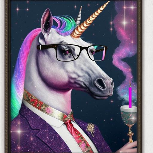 handsome dapper unicorn wearing dad glasses and smoking a cigarette + white glitter sparkle iridescent rainbow color stars + purple and pink galaxy mist coming from the cigarette + retro 60s advertisement that says “smoking is so cool” + unicorn has masculine chiseled features + whiskey and mid century aesthetic --v 4 --q 2