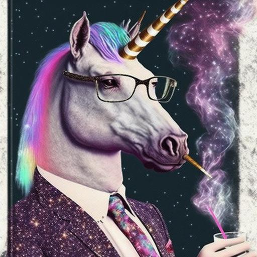 handsome dapper unicorn wearing dad glasses and smoking a cigarette + white glitter sparkle iridescent rainbow color stars + purple and pink galaxy mist coming from the cigarette + retro 60s advertisement that says “smoking is so cool” + unicorn has masculine chiseled features + whiskey and mid century aesthetic --v 4 --q 2