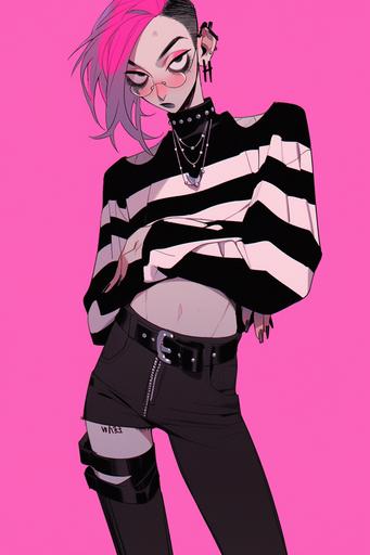 handsome feminine man. eboy, grunge. black, pink, white. striped shirt, fishnet shirt --niji 5 --ar 2:3 --style expressive