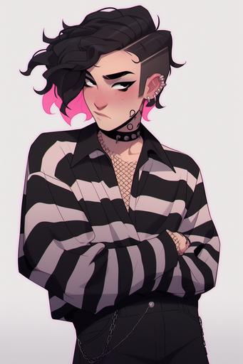 handsome feminine man. eboy, grunge. black, pink, white. striped shirt, fishnet shirt --niji 5 --ar 2:3 --style expressive