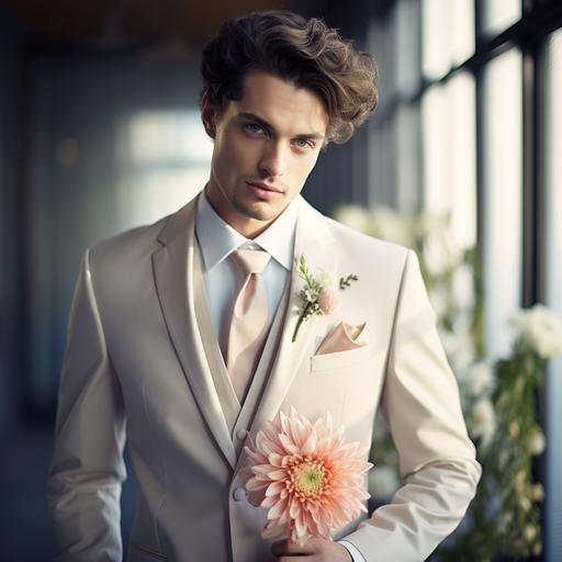 handsome groom photo, light color suit, flower, daylight, inside, close up ar--4:5 --s 50