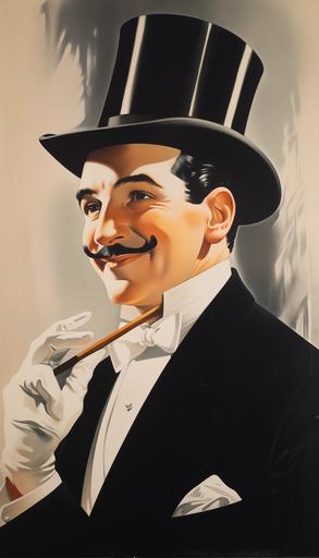 handsome magician in top hat and pencil moustache, in cape, dashing, extravagant, vintage, 1950's painted billing poster style, --ar 4:7 --v 5.0