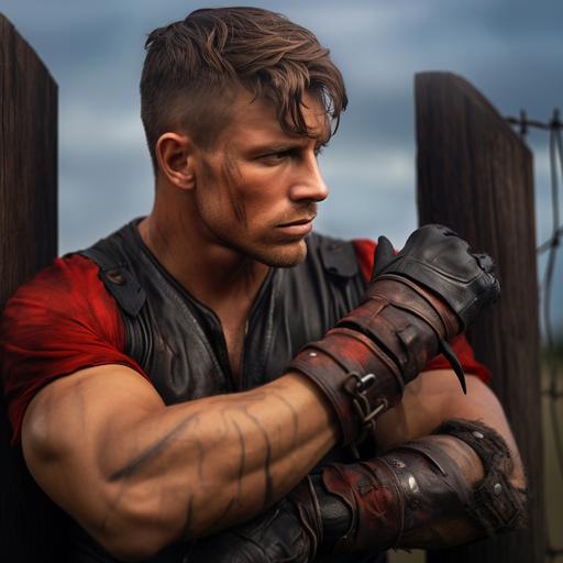 handsome, muscular, bronze skin tone, photorealism, sweaty, leaning against a fence outside on a ranch, fantasy, hair is a mixture of red and black, undercut, healed scars on arms and chest, wearing leather work gloves