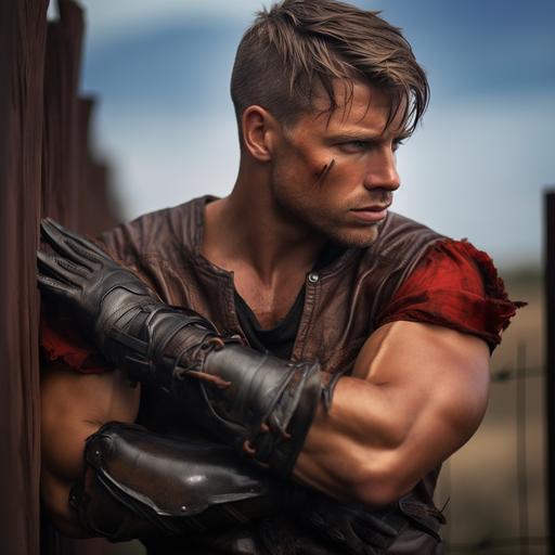 handsome, muscular, bronze skin tone, photorealism, sweaty, leaning against a fence outside on a ranch, fantasy, hair is a mixture of red and black, undercut, healed scars on arms and chest, wearing leather work gloves