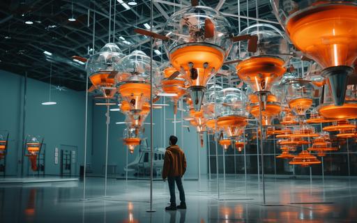 handsome pilot strolling inside spacious helicopter museum with exquisite neon blue and orange autogyro propeller chandelier by elsa bleda, minimal male figures, minimalist doll --stylize 150 --v 5.2