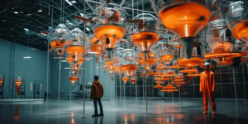 handsome pilot strolling inside spacious helicopter museum with exquisite neon blue and orange autogyro propeller chandelier by elsa bleda, minimal male figures, minimalist doll --stylize 150 --v 5.2