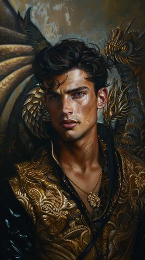 handsome prince of a fairytale land of dragons, dark hair, tanned skin, oil painting --ar 9:16