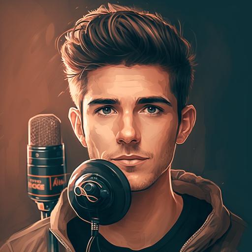 handsome, realistic tech youtuber ,small mic, cool baground