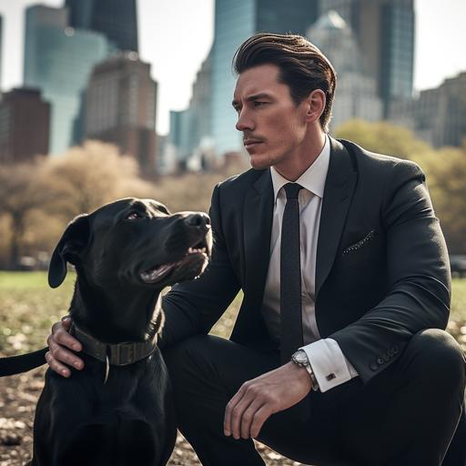 handsome, sharp dressed, Christian Bale man and a beautiful, black, Great Dane at a New York City dog park, sunshine, intricate details, dynamic lighting, cinematic