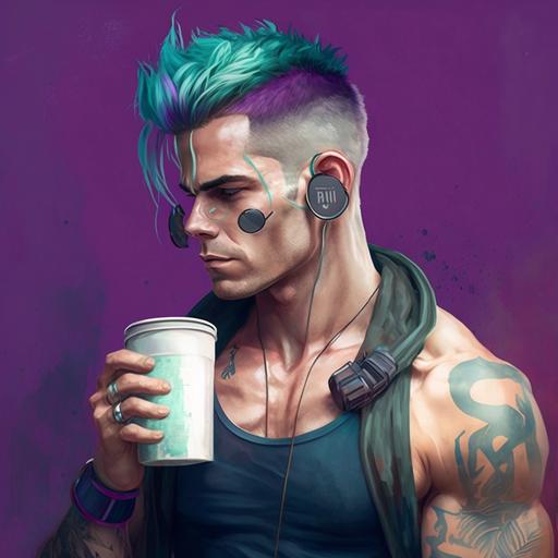 handsome young muscular male with purple and teal hair holding a cup of coffe and wearing headphones on his neck