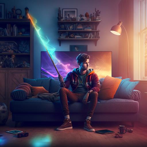 handsome younger model holding harry potter wizard wand, showcasing wizard wand, watching tv, pointig wand at tv, gradient colors, vibrant, unreal engine, artstation --s 250 --q 1