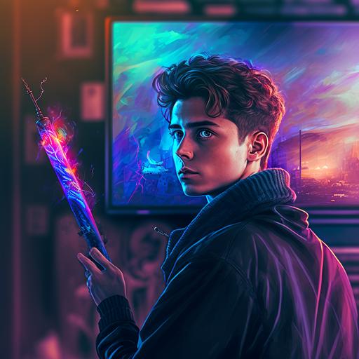 handsome younger model holding harry potter wizard wand, showcasing wizard wand, watching tv, pointig wand at tv, gradient colors, vibrant, unreal engine, artstation --s 250 --q 1