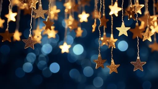 hanging glowing golden stars and sparkling bokeh on a blue background, 4k, --ar 16:9