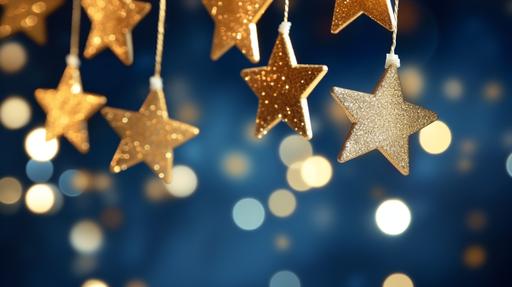 hanging glowing golden stars and sparkling bokeh on a blue background, 4k, --ar 16:9