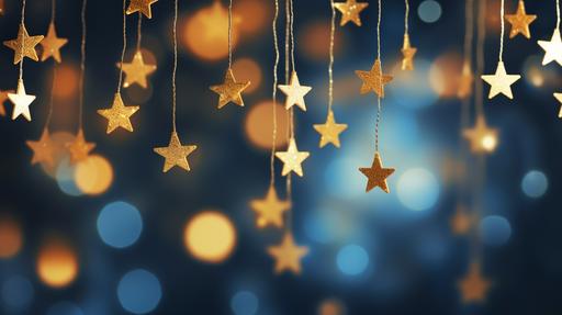 hanging glowing golden stars and sparkling bokeh on a blue background, 4k, --ar 16:9