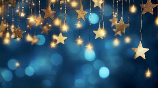 hanging glowing golden stars and sparkling bokeh on a blue background, 4k, --ar 16:9