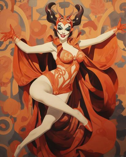 hannya mask harlequin female character, harlequin costume, dancing, by Alphonse Mucha and Bruce Timm --ar 4:5