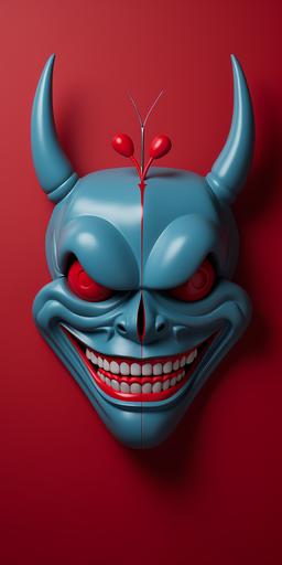 hannya smiley with heart and arrow toy collectable series, smooth shapes, kawai, studio photography on a paper backdrop, symetrical, japanese minimalism, posteresque, higly colored: --ar 1:2 --s 250