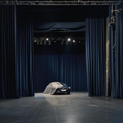 interior architecture modern theater stage with navy blue curtains, behind them you can guess Volvo car covered by grey blanket, spotlight backstage 4200°k 40V, IRC90--aspect 16:9 --v 6.0 --s 50