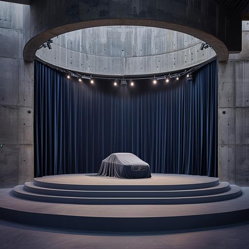 interior concrete architecture modern round theater stage with semi-transparant navy blue curtains, behind them is hidden a Volvo car covered by grey blanket, circle rail with 8 spotlights focus on car 4200°k 40V, IRC90--aspect 16:9 --v 6.0 --s 50