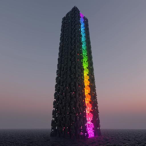 hans belmer, hostile nature, voxel art that is a tall black lattice grid with glowing rainbow 🌈 ✨️ gradient light within --no border frame pop art deco bifrost --v 6.0