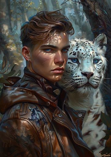 hansome 20 year old boy, leather bomber jacket, and a white panther with blue eyes, forest background, dungeons and dragons, medieval steampunk fantasy, character art, --v 6.0 --ar 5:7