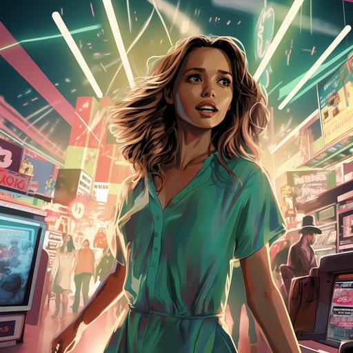 happy Jessica alba shopping at a mall in teal t-shirt dress, pastel colors, bright lights, lee weeks comic book style