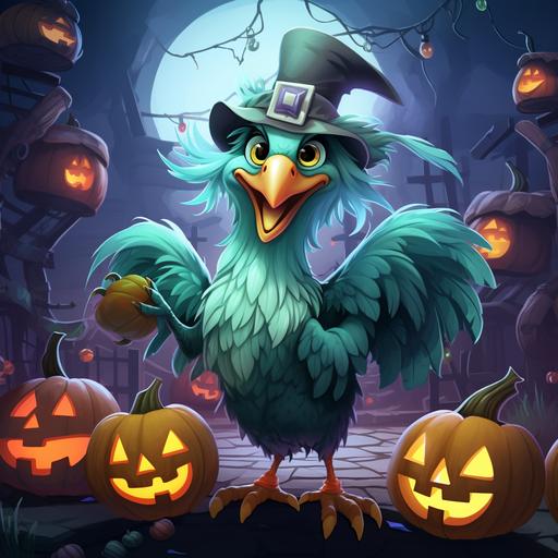 happy Rooster with green and blue feathers, wearing a ghost costume at a Halloween party in the metaverse, haunted house and pumpkins, cartoon style