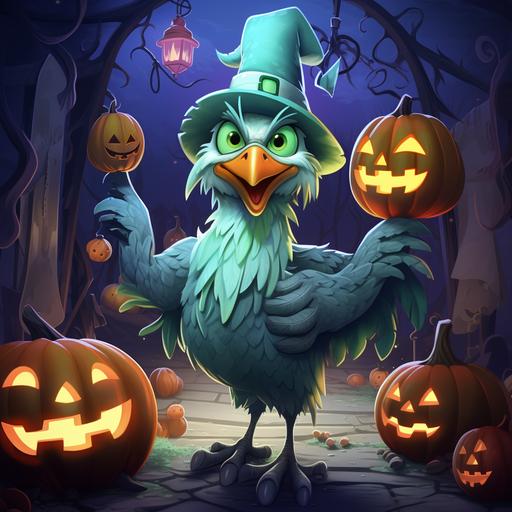 happy Rooster with green and blue feathers, wearing a ghost costume at a Halloween party in the metaverse, haunted house and pumpkins, cartoon style