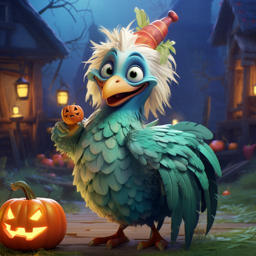 happy Rooster with green and blue feathers, wearing a ghost costume at a Halloween party in the metaverse, haunted house and pumpkins, cartoon style