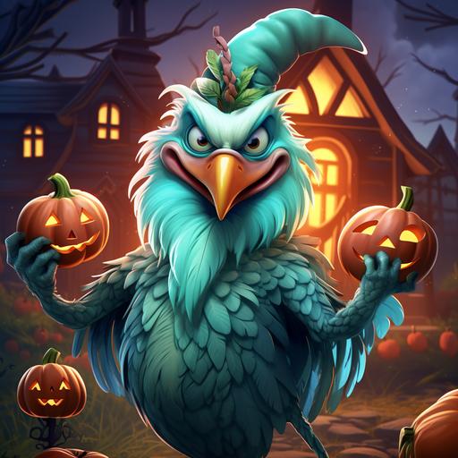 happy Rooster with green and blue feathers, wearing a ghost costume at a Halloween party in the metaverse, haunted house and pumpkins, cartoon style