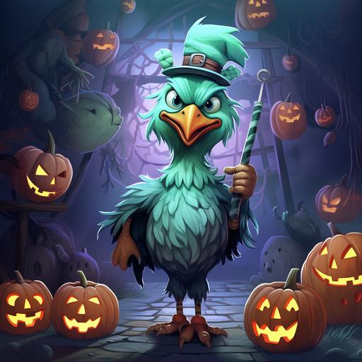 happy Rooster with green and blue feathers, wearing a ghost costume at a Halloween party in the metaverse, haunted house and pumpkins, cartoon style