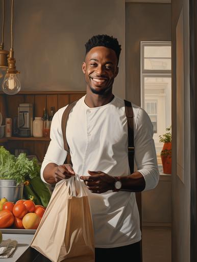 happy african gentleman in a white mordern kitchen holding a grocery bag, day time, perfect lighting --ar 3:4