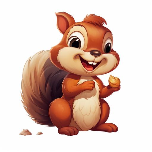 happy and adorable squirrel eating acorn, cartoon style for kids on white backround