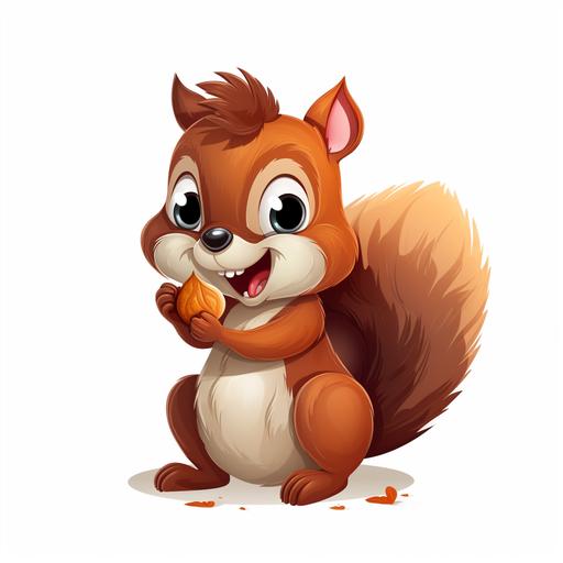 happy and adorable squirrel eating acorn, cartoon style for kids on white backround, without any ctones
