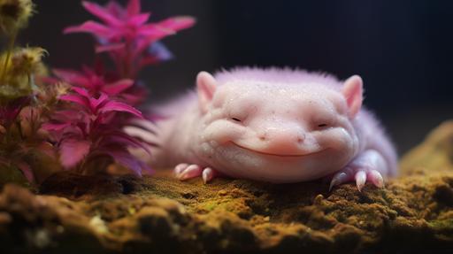 happy axolotl sleeping peacefully --ar 16:9 --v 5.2 --style raw