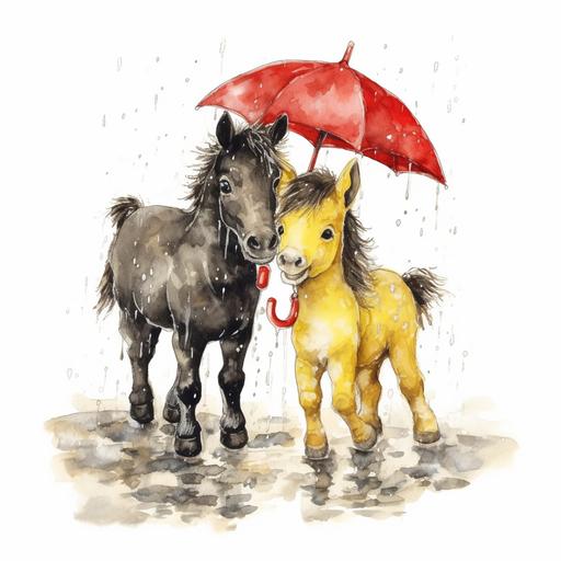 happy baby yellow horses, full body, all legs on ground, red boots, large black glasses, highly detailed, playing in rain water, umbrella, realistic, cartoon style, watercolor --uplight