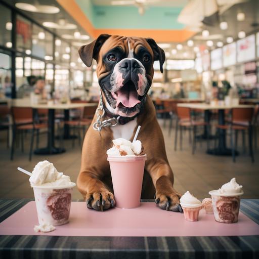 happy boxer dog eating ice cream at table