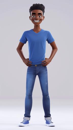 happy brazilian black young adult in a blue t-shirt, jeans, chuck taylor's trainers, happy pose, pixar eyes big smile, young adults, in the style of realist: game character, uhd image, smilecore --ar 9:16 --v 6.0