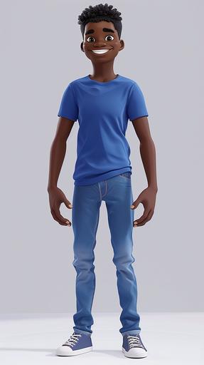 happy brazilian black young adult in a blue t-shirt, jeans, chuck taylor's trainers, happy pose, pixar eyes big smile, young adults, in the style of realist: game character, uhd image, smilecore --ar 9:16 --v 6.0