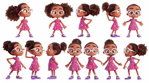 happy brownskin girl, 6years old, white glasses, pixar styled, multiple expressions and poses, character sheet, pink dresss, purple shoes , character sheet --ar 16:9 --v 6.0